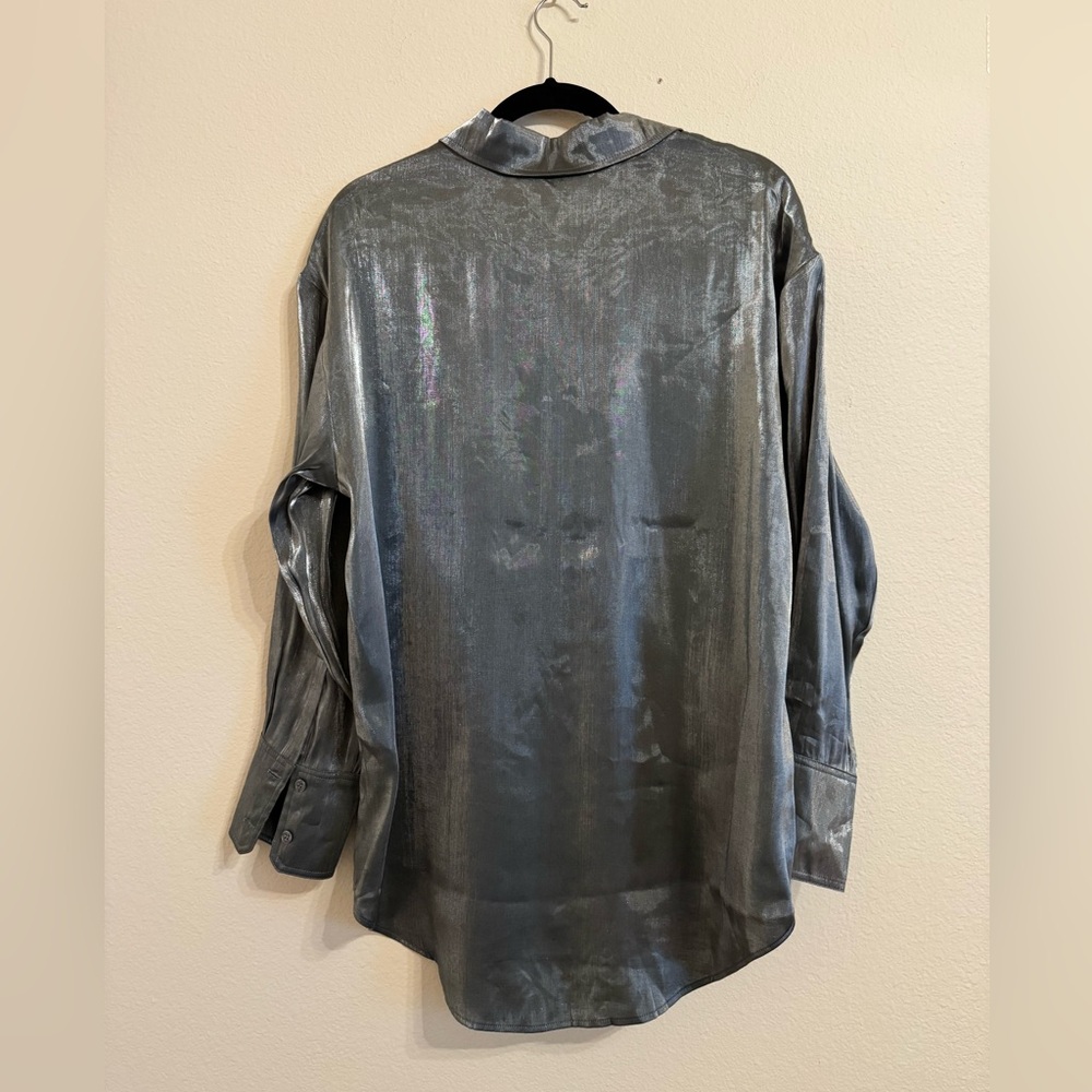 Rachel Roy Shirt Silver Metallic Button-Down Long Sleeves Shirt M Gray - Picture 9 of 15
